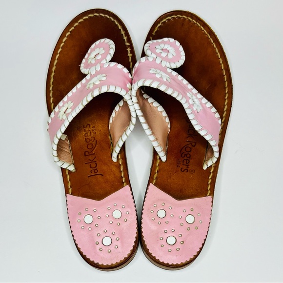 Jack Rogers Women’s Pink White Leather Jacks Flat Sandals Size 7 - Picture 6 of 10